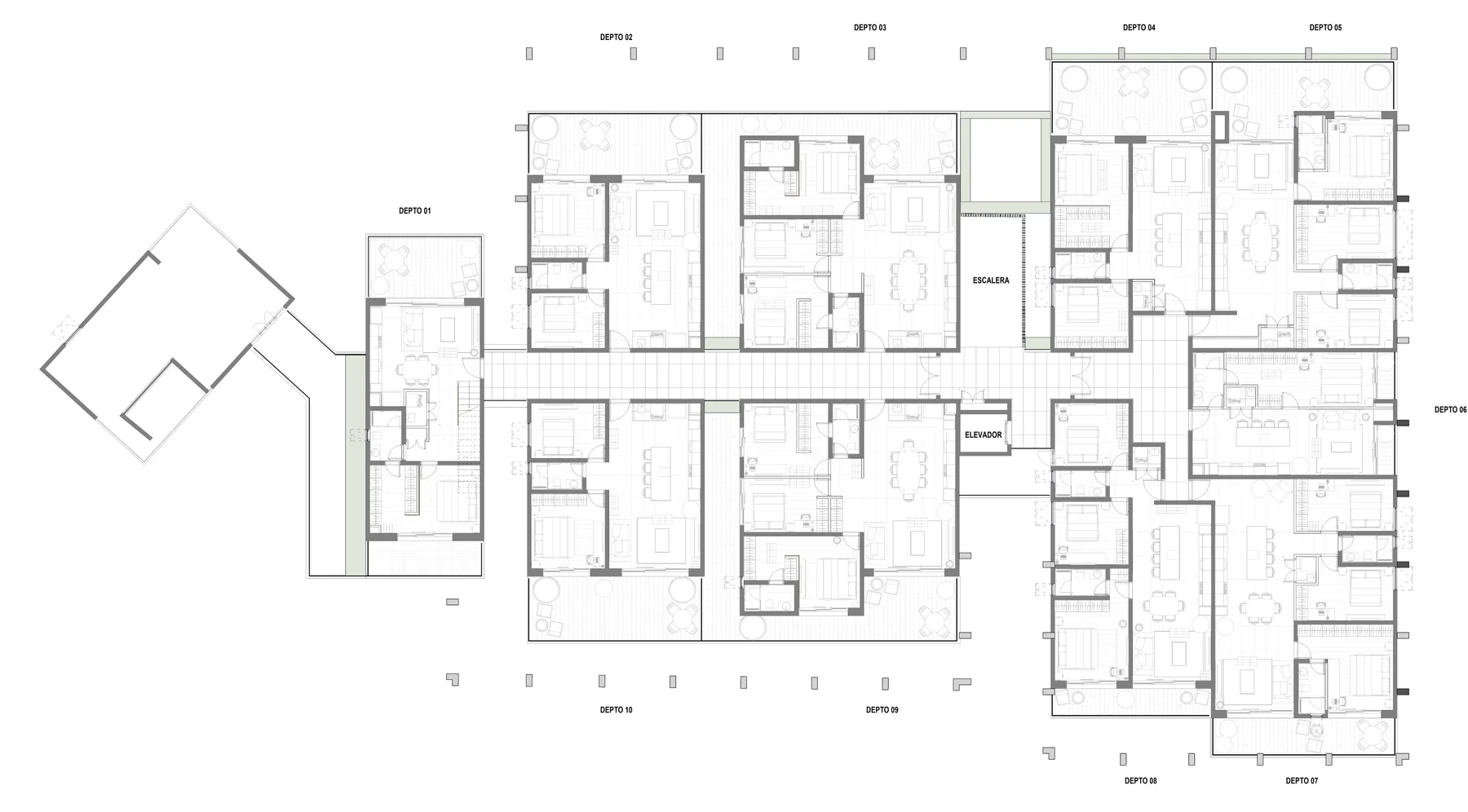 Planta tipo de Villaggio 1: doce departamentos (Depto 01 a Depto 12) alrededor de la circulación central, escalera y elevador, con terrazas perimetrales.