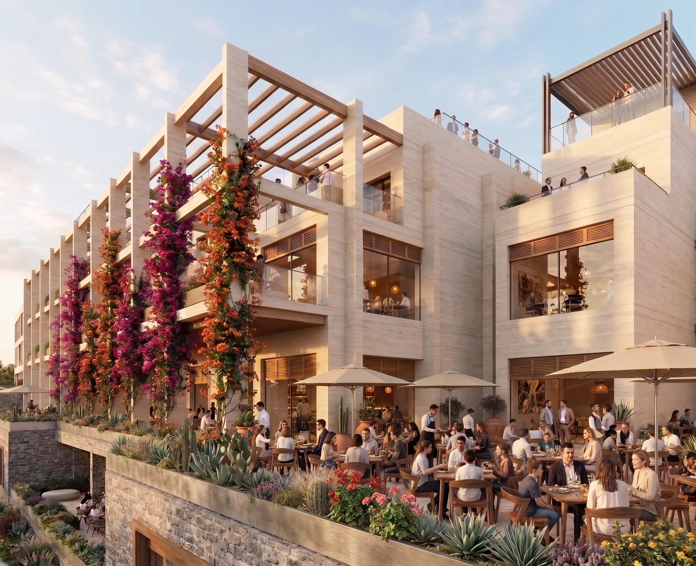 Plaza comercial de Villaggio 1 al atardecer: terrazas de restaurantes con bugambilias y vista a San Miguel de Allende.